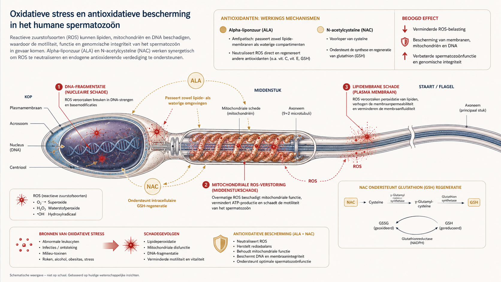 Schematische weergave: oxidatieve schade aan de spermacel tijdens spermatogenese, en het werkingsgebied van ALA en NAC