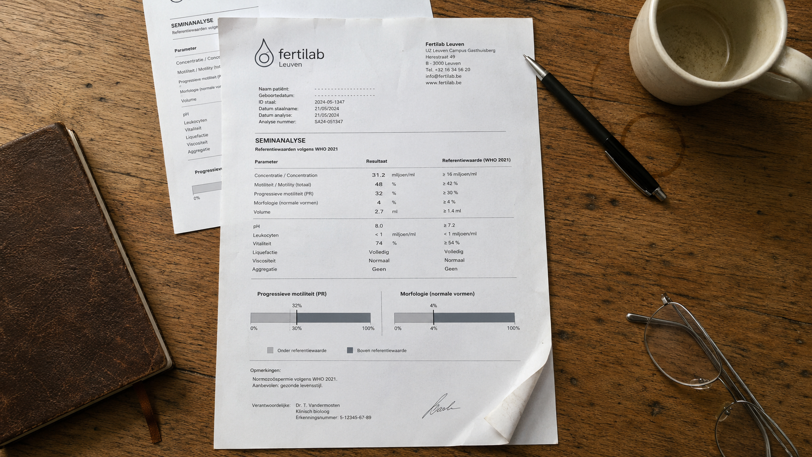 Mark's tweede semen analysis-rapport op de keukentafel
