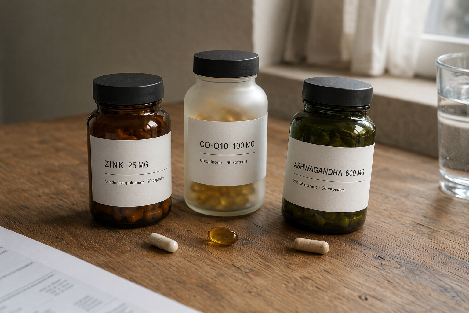 De drie supplementen die Mark eerder nam: zink, CoQ10 en ashwagandha